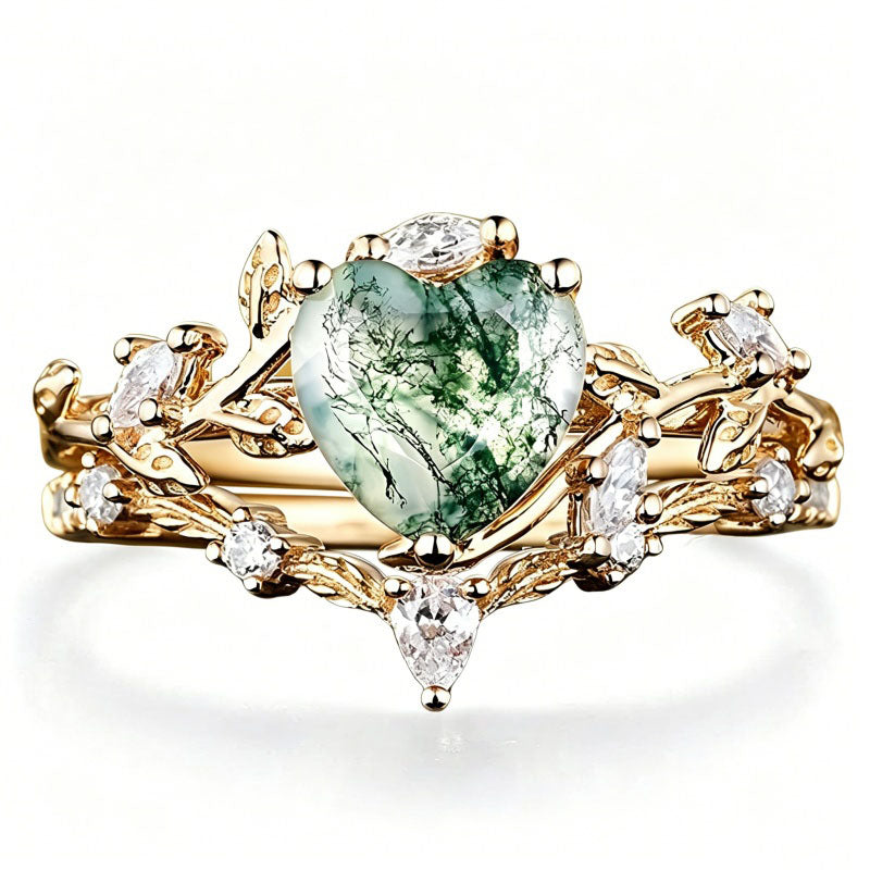 Sterling Silver 2CT Moss Agate  Engagement Wedding Ring Sets for Women