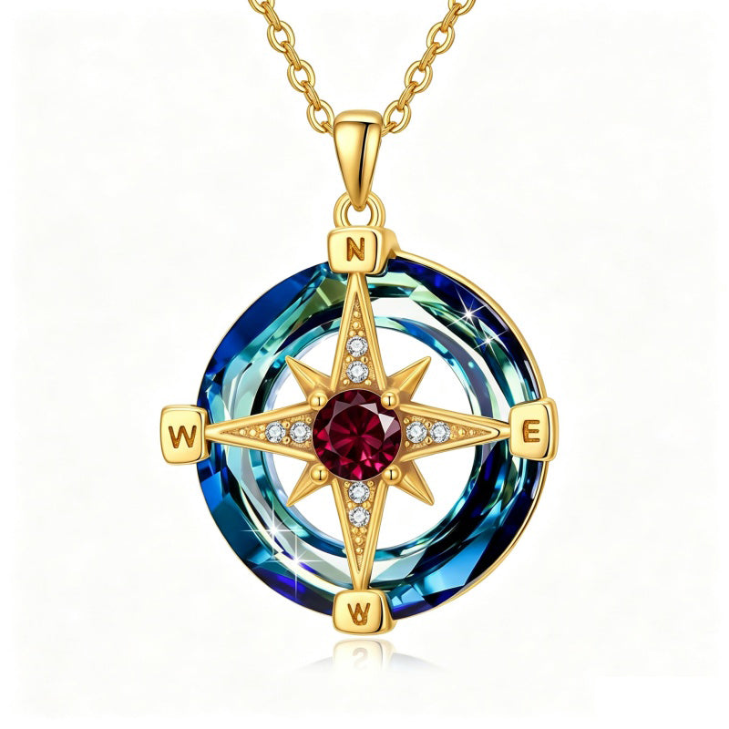 14K Gold Plated Crystal Compass Pendant Necklace Graduation Jewelry Inspirational Travel Valentine's Day Gift