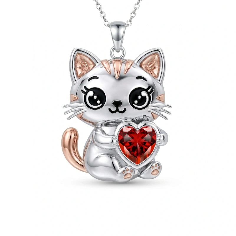 Sterling Silver 12 Month Birthstone Cat Pendant Necklace Birthstone Jewelry Gifts for Birthday