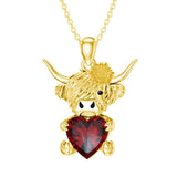 14K Gold Heart Birthstone Highland Cow Pendant Necklace
