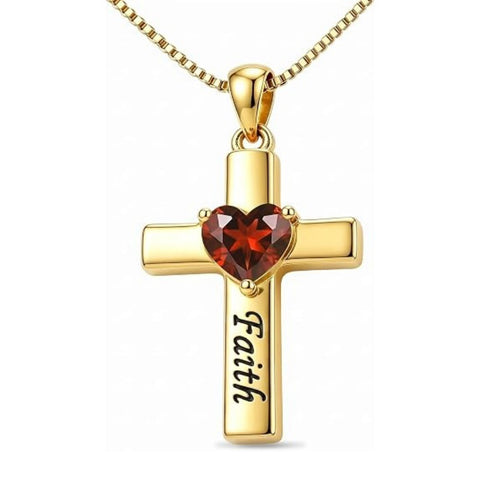 14K Gold Plated Heart Birthstone Cross Necklace for Women Engraved with Faith