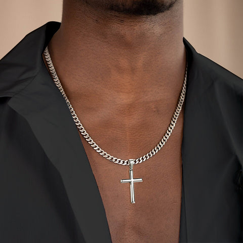 Sterling Silver Cross Necklace Beveled Edge for Men Women With Stainless Steel Cuban Link Necklace