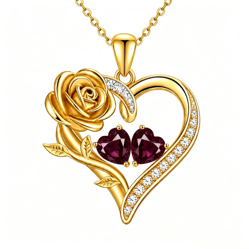 14K Gold Plated Double Heart Birthstone Rose Pendant Necklace for Women