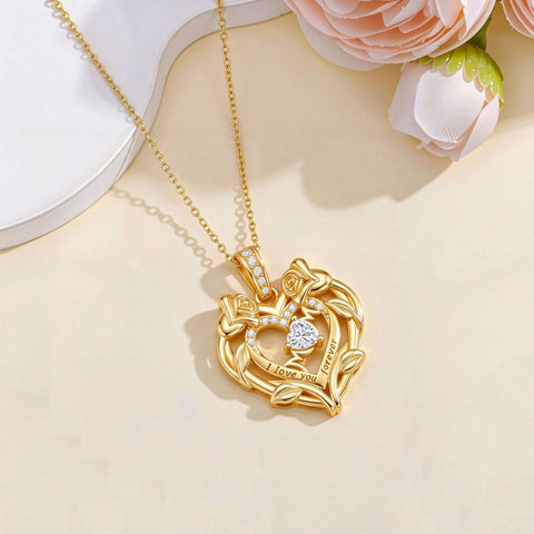 10K 14K 18K Gold Heart Rose Necklace I Love You Forever Heart Jewelry