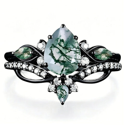 Sterling Silver 2CT Moss Agate  Engagement Wedding Ring Sets for Women