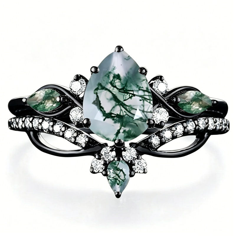 Sterling Silver 2CT Moss Agate  Engagement Wedding Ring Sets for Women