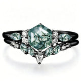 Sterling Silver 2CT Moss Agate  Engagement Wedding Ring Sets for Women
