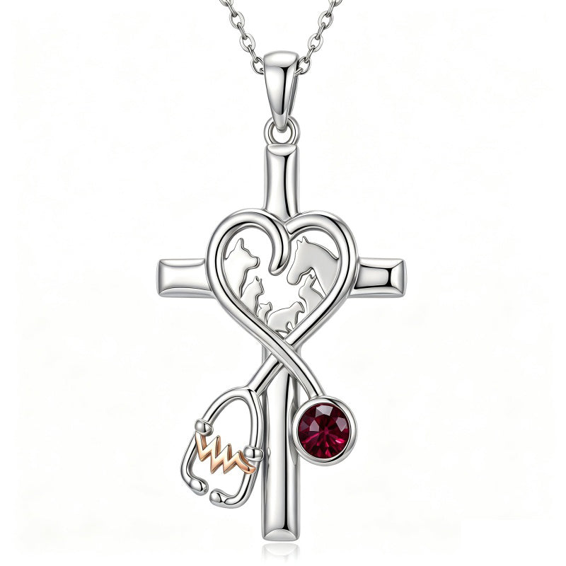 14K Gold Plated  Birthstone Stethoscope Cross Necklace Graduation Gifts for Women RN
