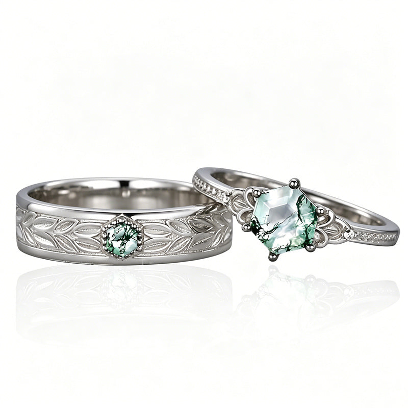 Sterling Silver 10K 14K 18K Gold Natural Leaf  Moss Agate Engagement Anniversary Couple Ring Sets