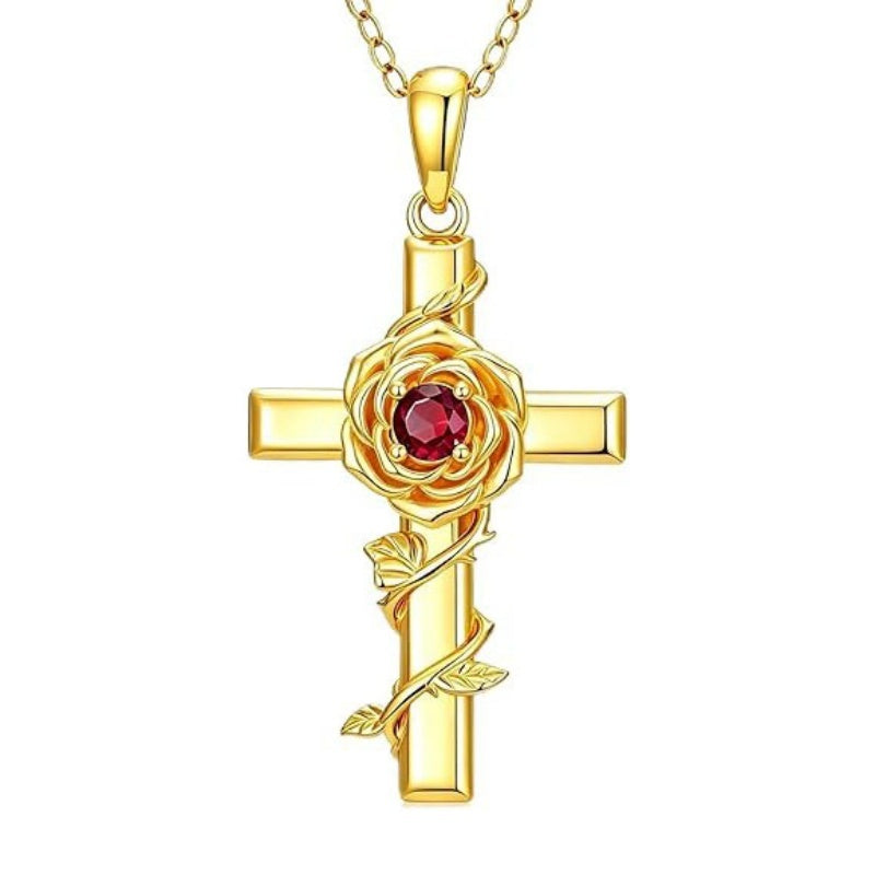 Birthstone Cross 14K Gold Plated Pendant Rose Cross Necklace for Women