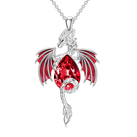 Sterling Silver Teardrop Shaped Crystal Wyvern Dragon Pendant Necklace