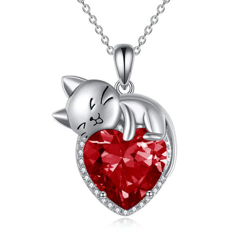 Sterling Silver Cat Necklace with Birthstone Animal Cat Pendant Heart Necklace for Women Girls