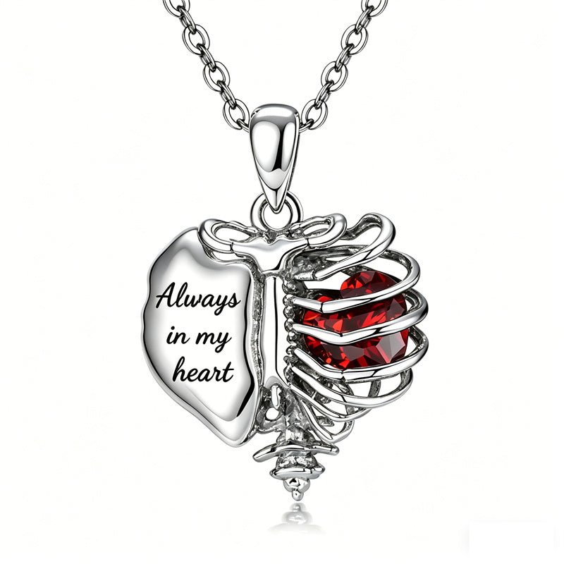Sterling Silver Black Heart Skeleton Necklace With Engraved