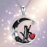 Sterling Silver Heart Birthstone Moon Star Black Cat Pendant Necklace  Halloween Gift