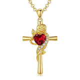14K Gold Plated Birthstone Rose Cross Necklace for Women Faith Jewelry Gift