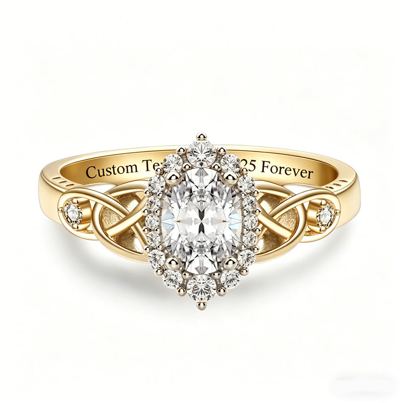 Sterling Silver 10K 14K 18K Gold  Personalized Engraved Moissanite Celtic Knot Wedding Engagement Ring