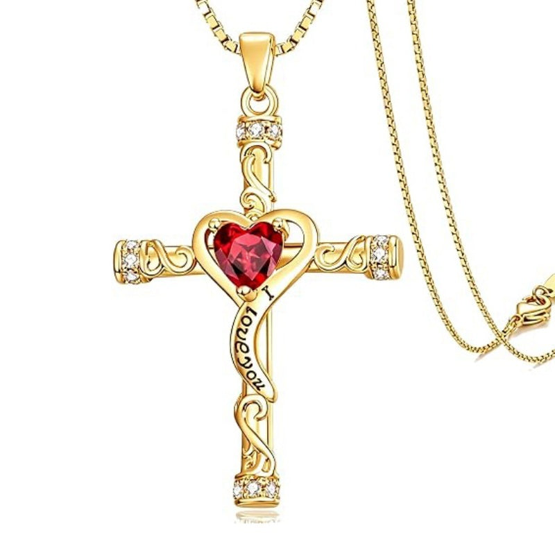 14K Gold Plated Heart Cut Cubic Zirconia Cross  Pendant Necklace For Women Religious Faith Jewelry