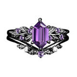 Sterling Silver Hexagon Gemstone Vintage Leaf Engagement Wedding Anniversary Ring Set