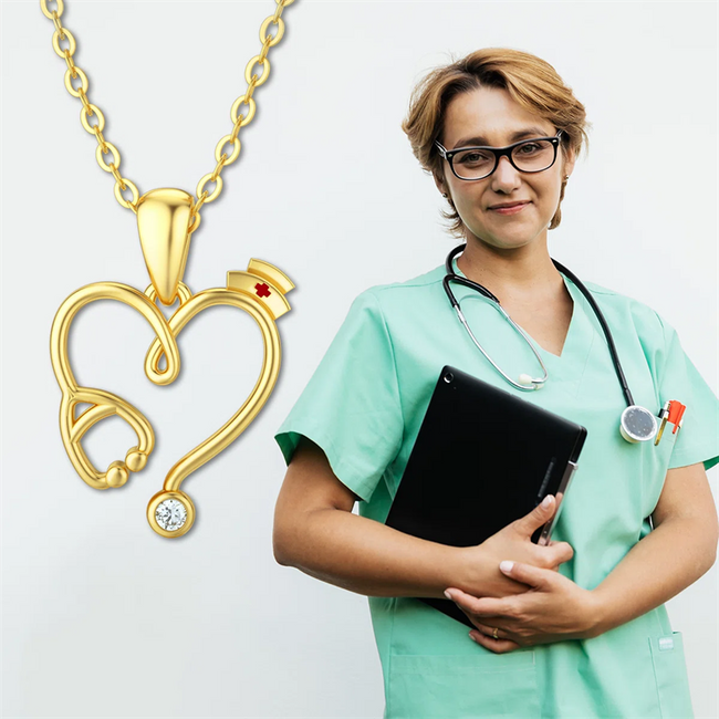 14K Gold Stethoscope Necklace , Heart-Shaped Stethoscope Pendant Necklace Medical Jewelry for Doctor Nurse Medical Student Gifts,16+2 Inch