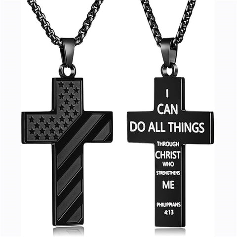 Stainless Steel Inspirational Bible Verse American Flag Cross Pendant Necklace