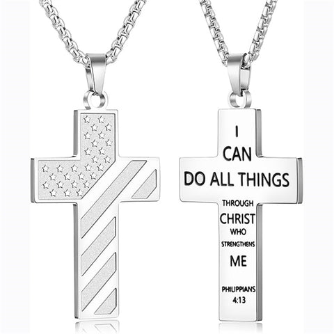 Stainless Steel Inspirational Bible Verse American Flag Cross Pendant Necklace