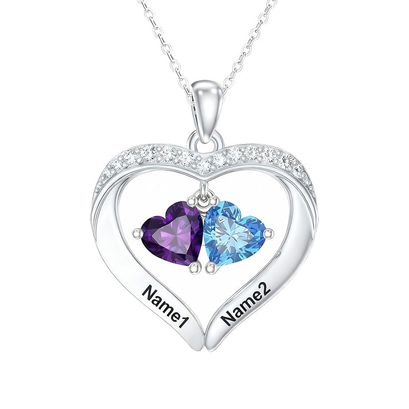 14K Gold Plated Personalized 1-5 Heart Birthstone Names Necklace  for Women