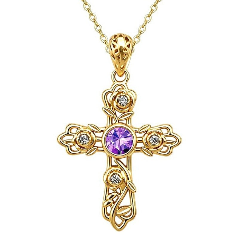 14K Gold Plated Round Cubic Zirconia Filigree Rose Cross Necklace for Women