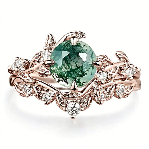 Sterling Silver 10K 14K 18K Gold 2CT Moss Agate Vine Leaf Women's Bridal Ring Sets for Wedding Engagement