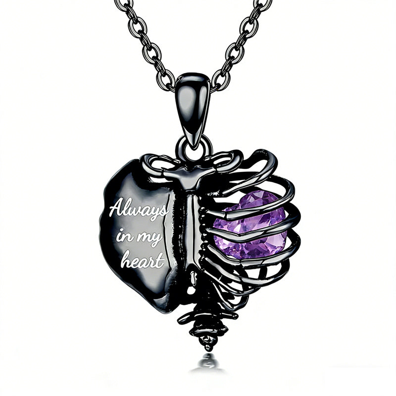 Sterling Silver Black Heart Skeleton Necklace With Engraved