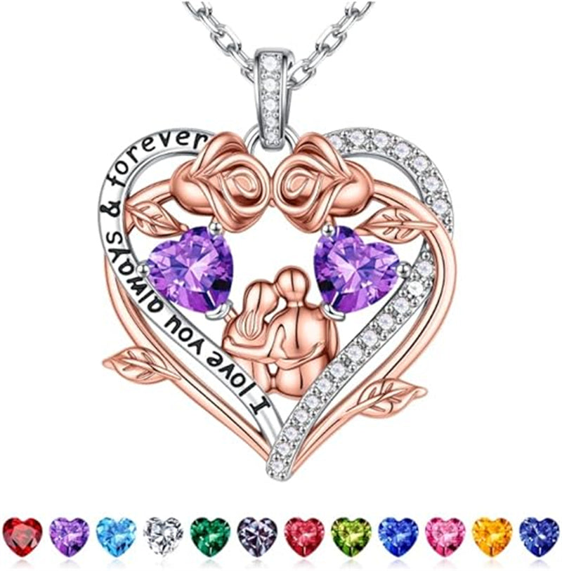 Sterling Silver Heart Birthstone Couple Hugging Necklace for Women Valentine's Day Gift