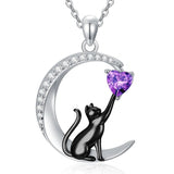 Sterling Silver Heart Birthstone Cat Pendant Necklace