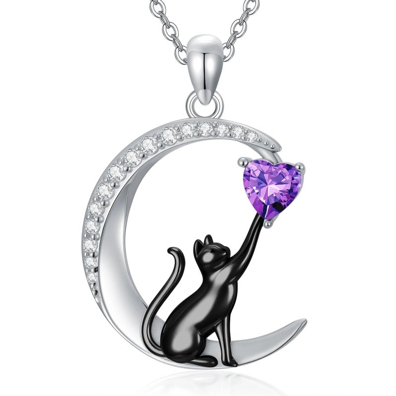 Sterling Silver Heart Birthstone Cat Pendant Necklace