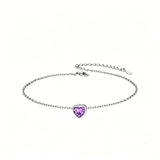 Sterling Silver Simple Dainty Round Heart Birthstone Single Layer Charm Anklet