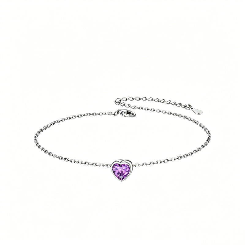 Sterling Silver Simple Dainty Round Heart Birthstone Single Layer Charm Anklet