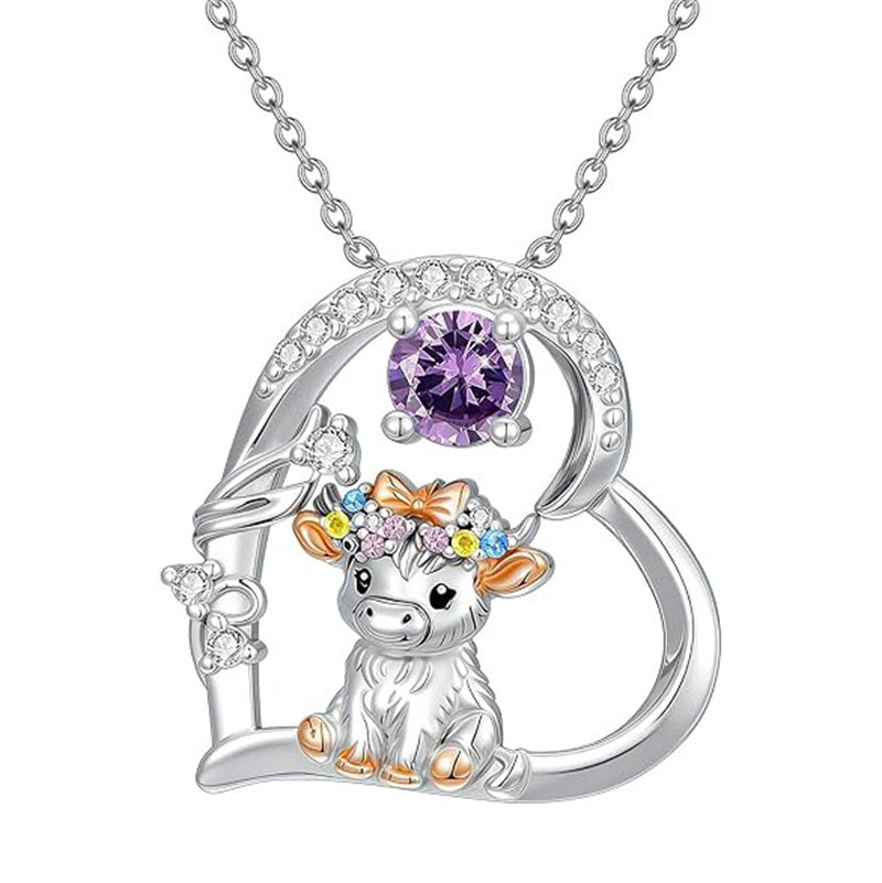 Sterling Silver Round Heart Birthstone Highland Cow Pendant Necklace Fluffy Cow Jewelry Gifts Birthday Christmas