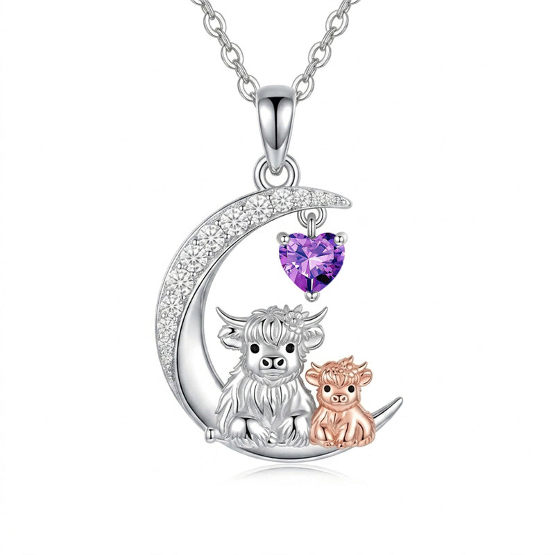 Sterling Silver Round Heart Birthstone Highland Cow Pendant Necklace Fluffy Cow Jewelry Gifts Birthday Christmas