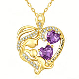 10K 14K 18K Gold Double Birthstone Heart Mother Son/Daughter Pendant Necklace for Mom