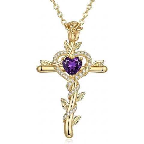 14K Gold Plated Heart Birthstone Rose Cross  Pendant Necklace  Religious Christian Jewelry for Women
