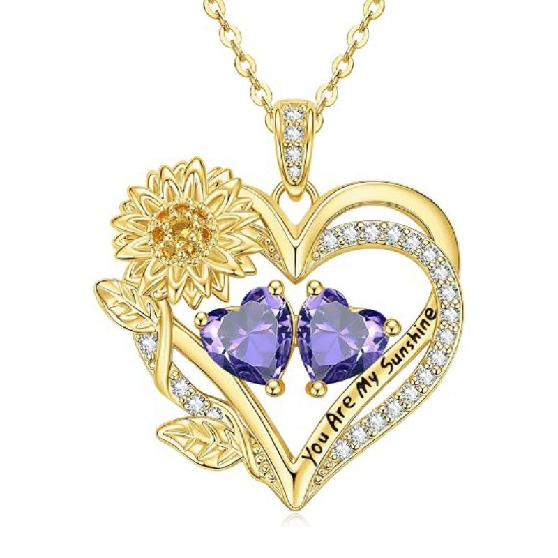 14K Gold  Plated Double Birthstone Heart Sunflower Necklace for Women