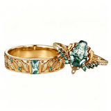 Sterling Silver 10K 14K 18K Gold Natural Leaf  Moss Agate Engagement Anniversary Couple Ring Sets
