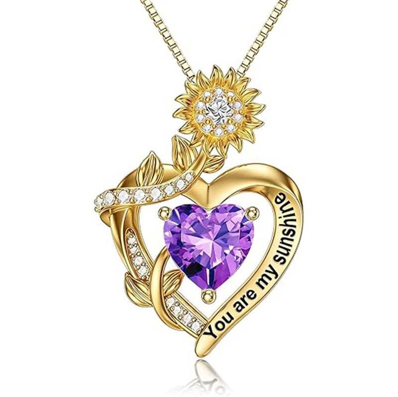 10K 14K 18K Gold  12 Months Birthstones Sunflower Pendant Necklace Engraved with You are My Sunshine