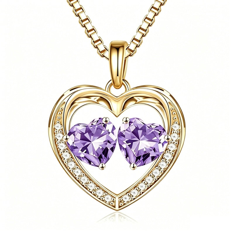 14K Gold Plated Double Heart Birthstone Necklace Anniversary Birthday Gifts for Women