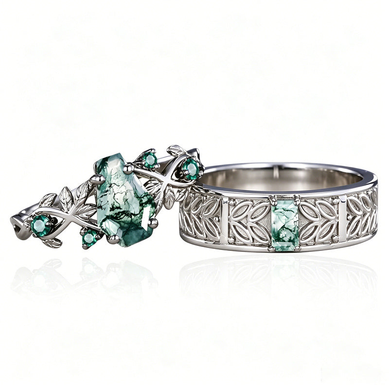 Sterling Silver 10K 14K 18K Gold Natural Leaf  Moss Agate Engagement Anniversary Couple Ring Sets