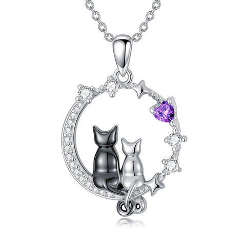 Sterling Silver Cubic Zirconia Two Cats Pendant Necklace
