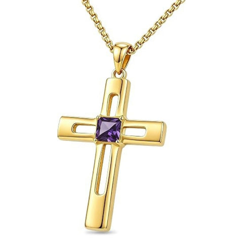 14K Gold Plated Birthstone Cross Pendant Necklace for Women  Anniversary Christmas Birthday Gift