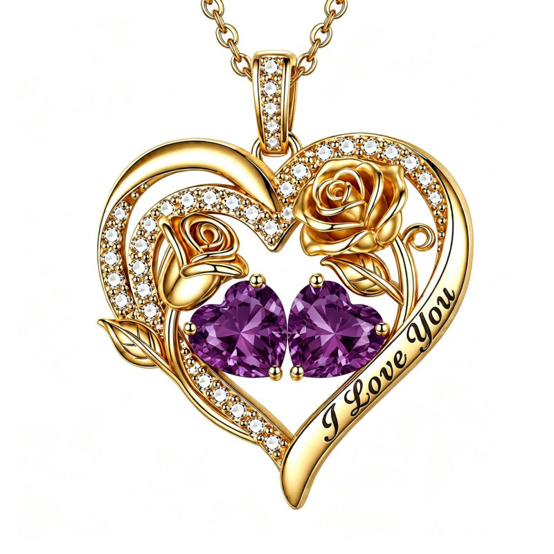 14K Gold Plated Double Heart Birthstone Rose Pendant Necklace for Women