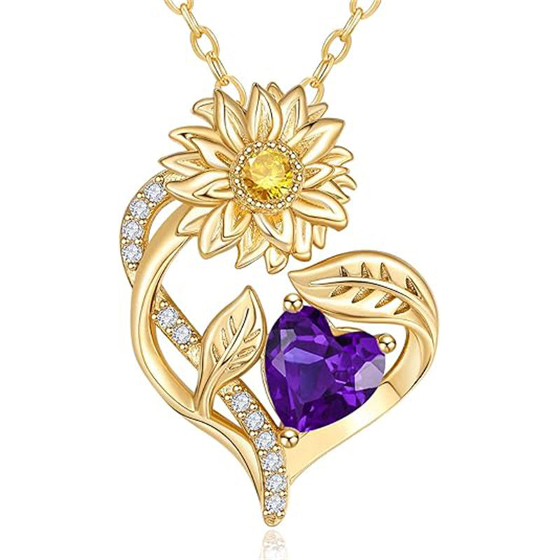 Sterling Sliver Birthstone Love Heart & Sunflower Pendant Necklace Engraved With You Are My Sunshine