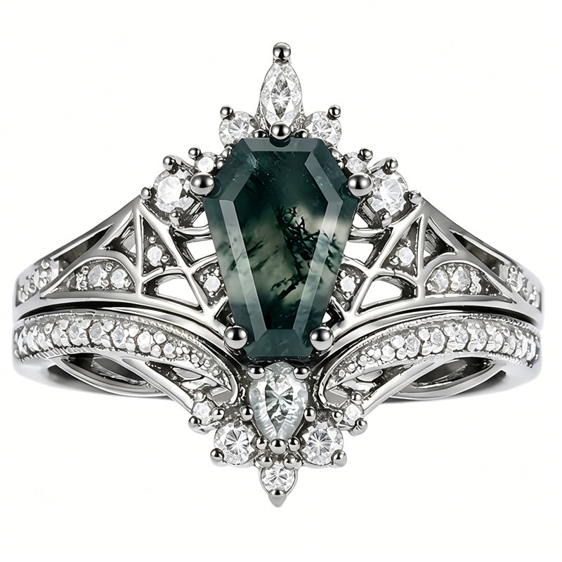 Sterling Silver 10K 14K  18K Gold Personalized Engraved Moss Agate Gothic Promise Wedding Engagement Black Ring Set