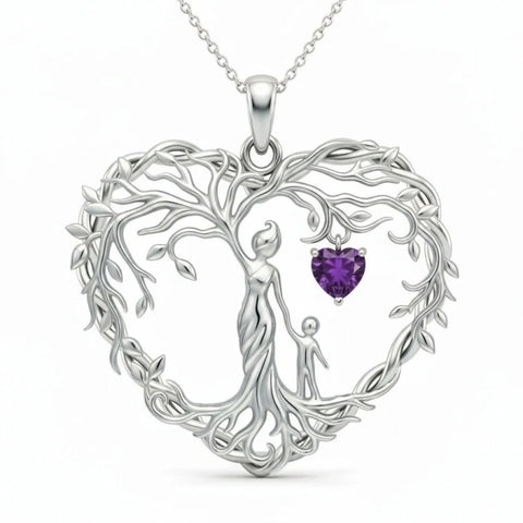 Sterling Silver Heart Pendant Birthstone Tree of Life Mother Child Family Necklace