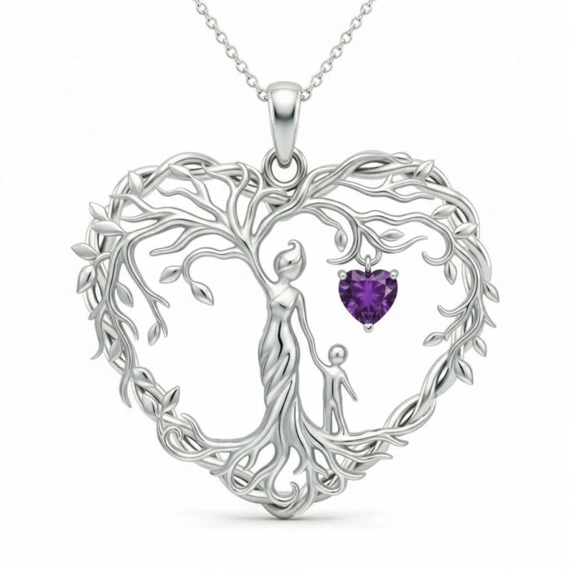 Sterling Silver Heart Pendant Birthstone Tree of Life Mother Child Family Necklace